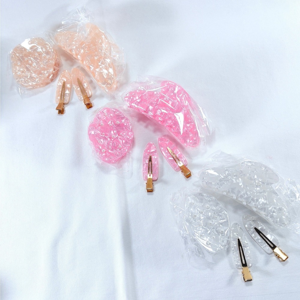 Lot of 3 Hair Clip Sets Cream Pink White Marbled Acrylic Fauz Pearls 4-Piece